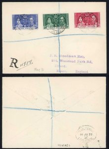 Cayman Islands 1937 Coronation set on reg d First Day Cover GEORGETOWN pmks