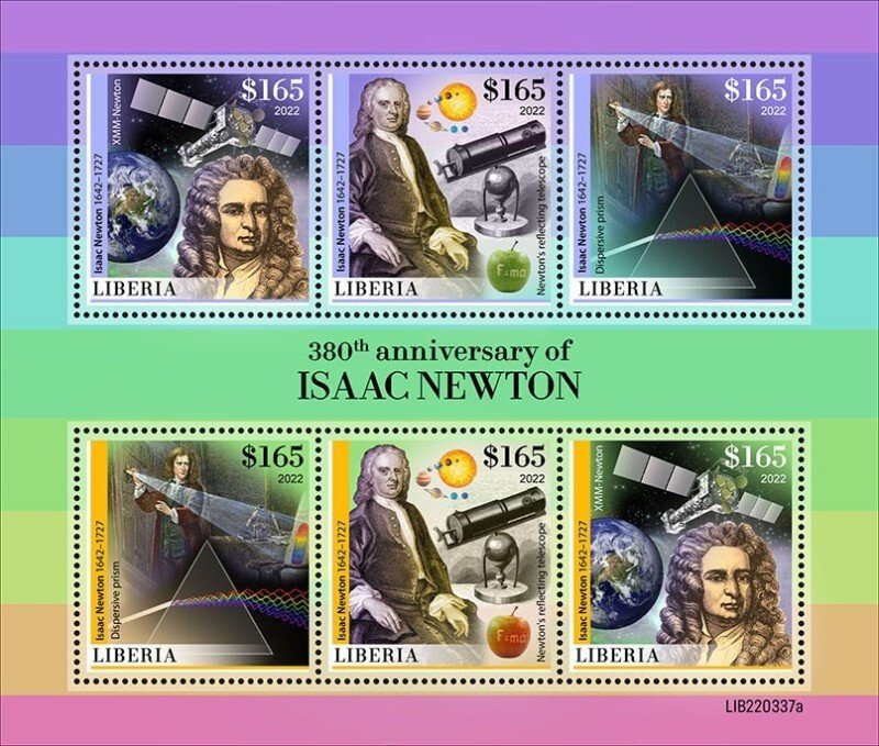 Liberia - 2022 Isaac Newton Anniversary - 6 Stamp Sheet - LIB220337a
