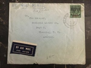 1946 Malaya Klang Airmail Cover Via London To National Zircon Wheeling Va Usa