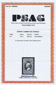 SC# O71 UNUSED PART OG $20 OFFICIAL STAMP, DEPT OF STATE, 1873, 2020 PSAG CERT 