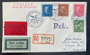 1929 Stockholm Sweden First Night flight Airmail cover To Chicago iL Usa Express