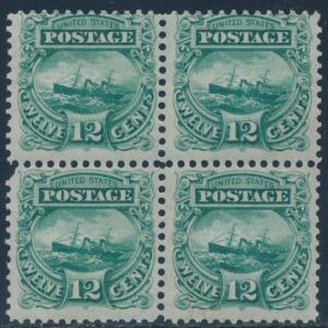 #117-E2e 12¢ 1869 PLATE ESSAY BLK/4 ISSUED COLOR (2)NH (2)XLH CV $500+ BU3962