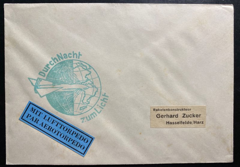 1933 Hasselfelde Germany Lufttorpedo Herta rocket Night Flight cover By Zucker