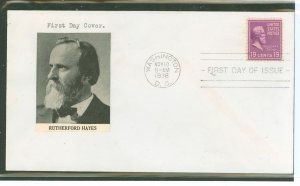 US 824 1938 19c Rutherford B. Hayes (presidential/prexy series) solo,on an unaddressed first day cover with a home made paste on