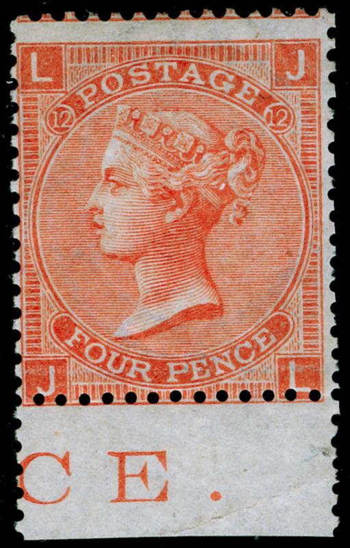 SG94, 4d vermilion PLATE 12, VLH MINT. Cat £575. MARGINAL INSCRIPTION. JL