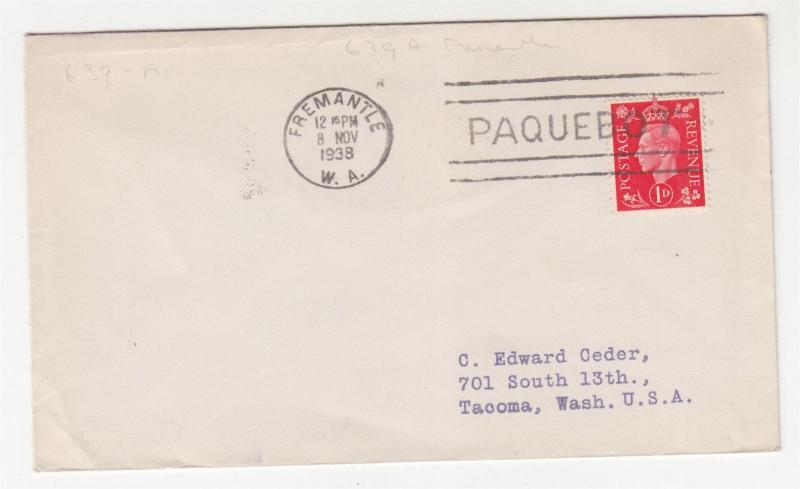 WESTERN AUSTRALIA, 1938 cover, GB 1d. KGVI, FREMANTLE, PAQUEBOT machine to USA.