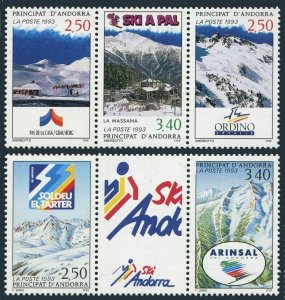 Andorra Fr 423 ab/label-424 ac strips,MNH.Michel 446-450. Skiing,1993.