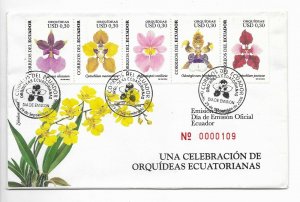 ECUADOR 2006 ORCHIDS FLOWERS 5 VALUES ON FIRST DAY COVER FDC FLORA