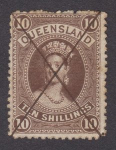 Queensland 1882 QV 10/- brown, thin paper SG 155 Cv £50. Hand/pen cancel.