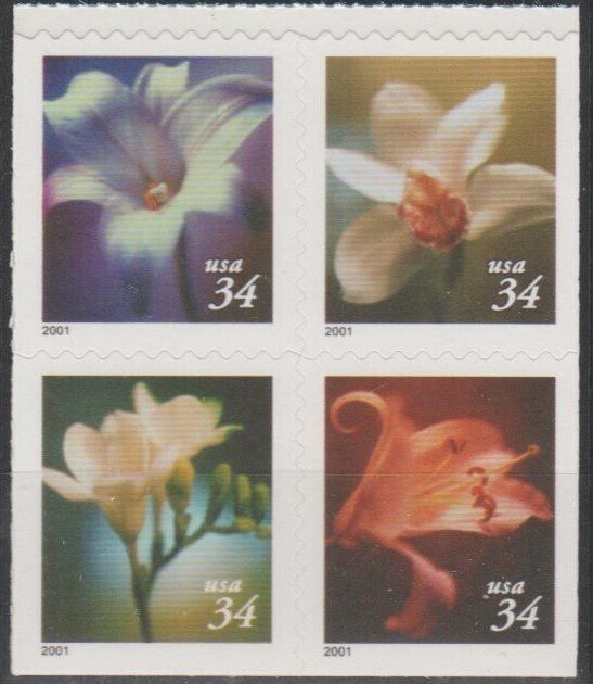 #3487-90, BLK-4 W/PL# S1111 on back. Flowers MNH, '.34 cents'