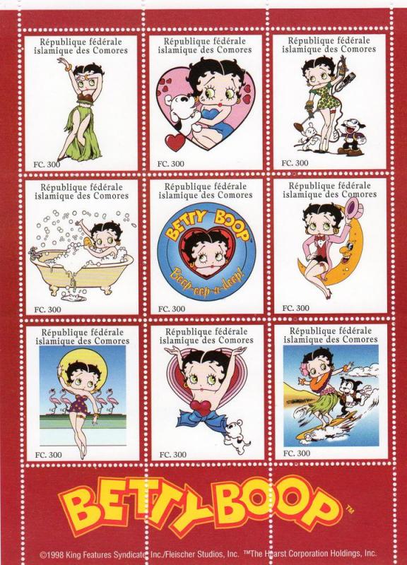 Comoro islands 1998 BETTY BOOP Sheet (9)+1 s/s Perforated Mint (NH)