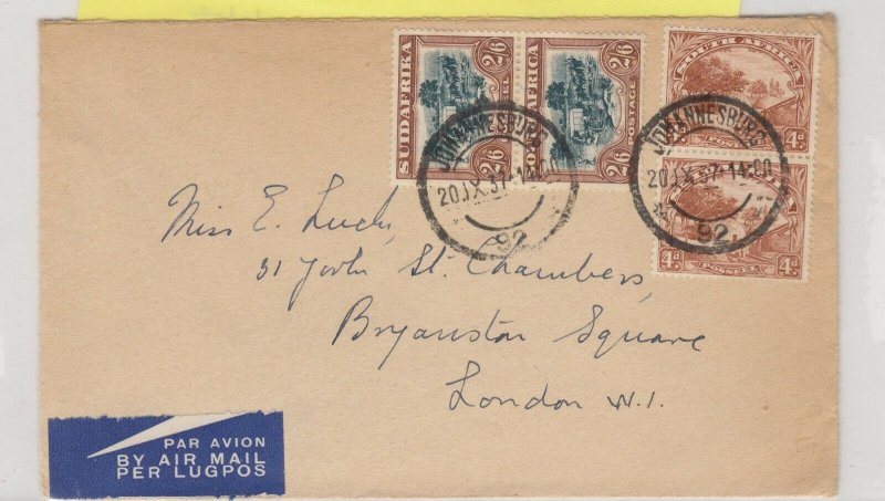 South Africa 1937 High Value 2s 6d x 2 Airmail To London Postal History J6062