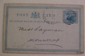 AUSTRALIA  WEST PERTH 1894 TO WONNERUP WA POSTAL CARD 1984 H & G cat.$30.00
