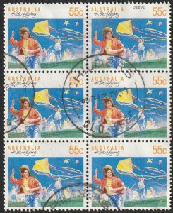 Australia #1110 1989 55c Kite-flying USED-NH. Block of 6