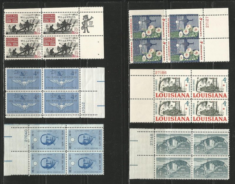 USA Stamps #1181,1185,1188,1192,1197,1198 Plate Blocks of 4 (Zip Block)