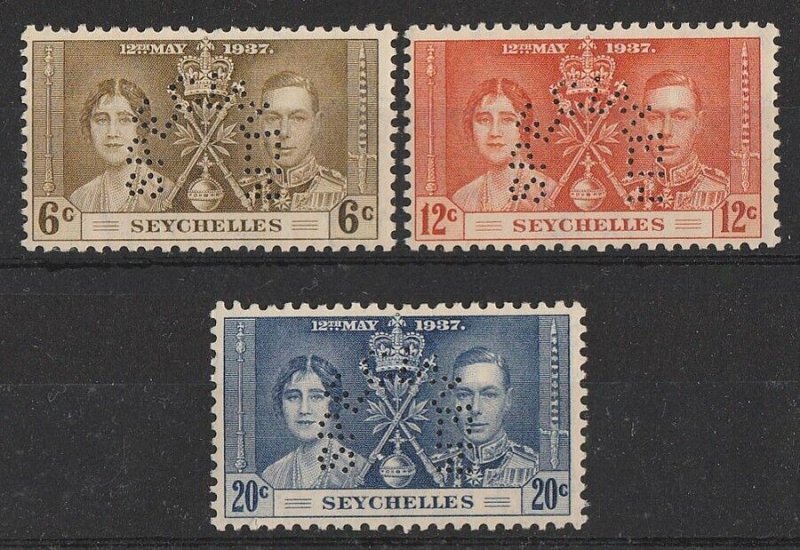 SEYCHELLES 1937 KGVI Coronation set 12c-20c perf SPECIMEN. MNH **. 