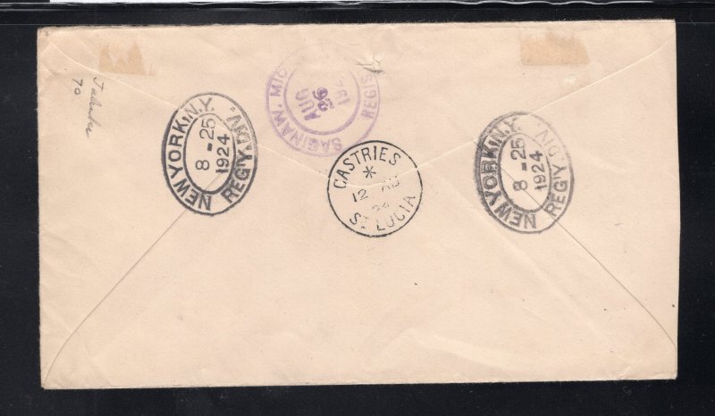 St. Lucia 1924 Registered to Saginaw, MI franked plate block 3p, Scott 83, 79