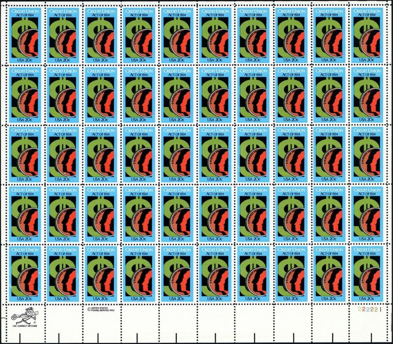 50th anniv. of Credit Union Act Sheet of Fifty 20 Cent Postage Stamps Scott 2075