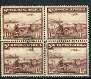 SOUTH WEST AFRICA; 1936 early Train Plane & Ship issue fine used 1.5d Block of 4