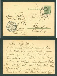 Austria. 1908 Stationery Card. Troppau, 5 Heller.  Adr: Munchen Germany