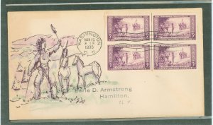 US 755 1935 3c Discovery of Wisconsin/300th anniversary (line block of four) Farley reprints on a first day cover with a hand dr