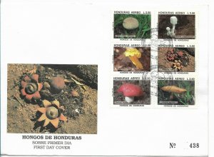 HONDURAS 1995, MUSHROOMS FLORA COMPLETE SET IN 5 NICE FDC, FIRST DAY COVE