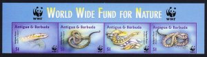 Antigua and Barbuda WWF Antiguan Racer Imperf Top Strip of 4v 2002 MNH