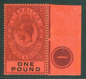 SG 85 Gibraltar 1912-24. £1 dull purple & black on red. Plate number ‘1’...