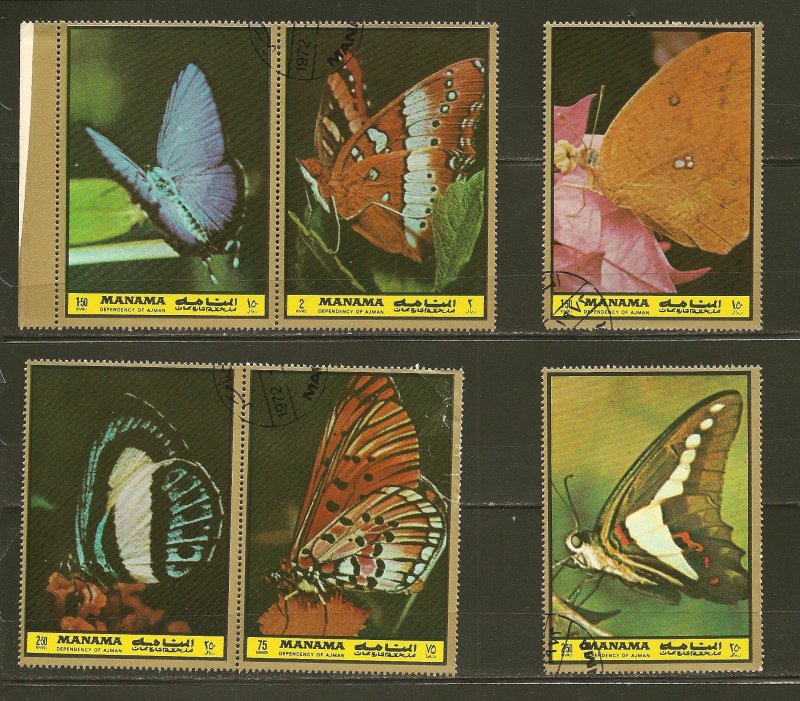 Manama Lot of 6 Different Butterfly Stamps 1972 CTO