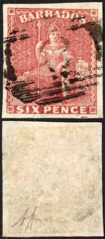 Barbados SG11 6d Pale Rose-red Fine used Big Margins Cat 120 pounds