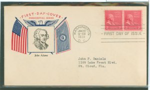 US 842 1939 2c John Adams (presidential/prexy series) coil line pair on an addressed first day cover with a Fidelity cachet.