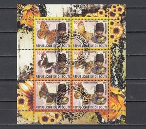Djibouti, 2007 issue. B. Powell, Scout Founder & B/flys, sheet of 6. Canceled. ^