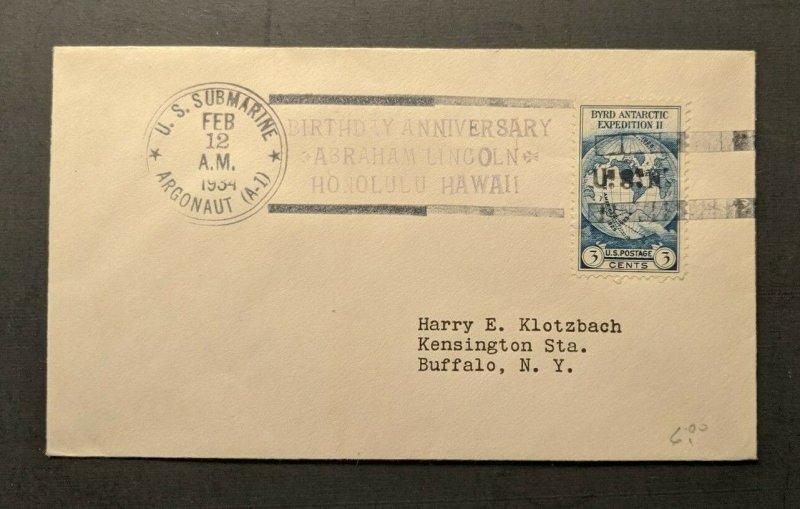 1934 USS Argonaut Navy Cover to Buffalo NY Lincoln Honolulu Hawaii Cancel