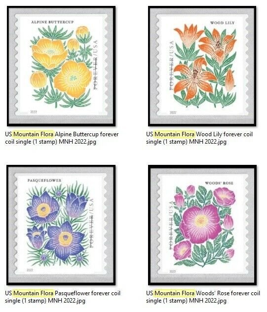 US Mountain Flora forever coil set 4 single stamps MNH 2022 after 3/31