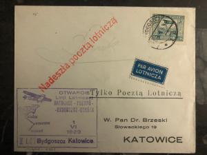 1929 Bydgoszcz  Poland Airmail First Flight Cover FFC to Katowice 150 Flown