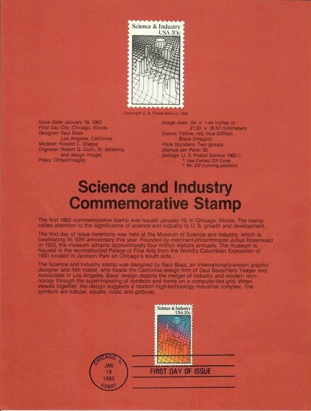 US SP606 Science and Industry Souvenir Page #2031