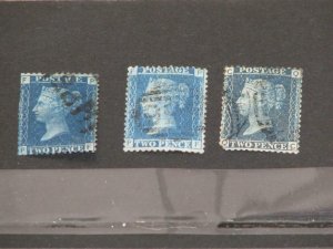 GREAT BRITAIN, SCOTT# 29, PLATE #`S 9, 13 & 15, USED (SHORT PERF LOWER LEFT #15