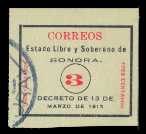 MEXICO 1913  SONORA  3c black - type a - Scott # 325 used VF