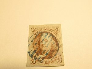 US Stamps Scott #1 Used 1847, Alan Miller Certificate, Blue Grid Cancel, SCV 475