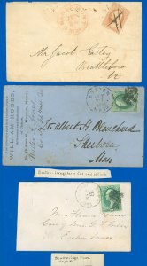 1870s LOT/3 MASS Covers, Southbridge, Charlemont, Boston, Fancy Cancels, 11A 158