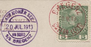 AUSTRIAN LLOYD 1913 PPC, Scarce red ship cancel BREGENZ / OSTERR. LLOYD cancel