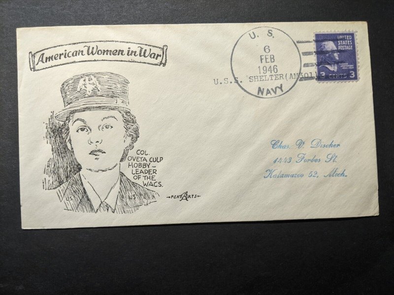 USS SHELTER AM-301 Naval Cover 1946 PENTARTS WOMEN WACS Cachet 