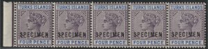 TURKS ISLAND 1893 QV 4d strip of 5 opt'd SPECIMEN - RARE MULTIPLE