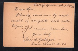 Trinidad 1898 1p carmine Victoria Postal Card to New York