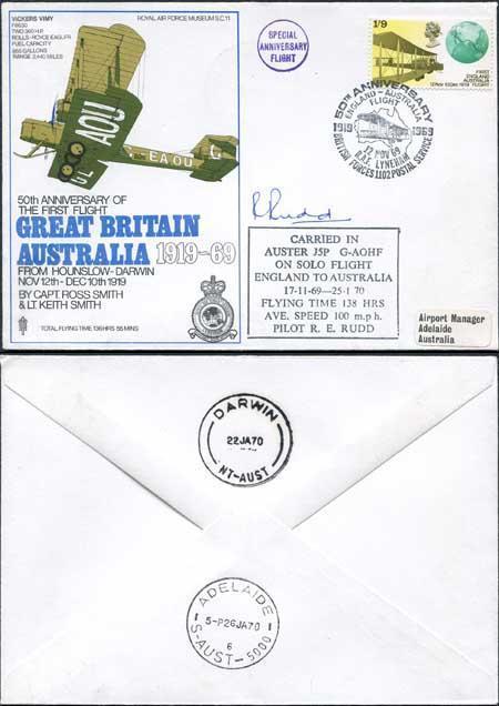 SC11c 50th Ann of the 1st Flight Great Britain - Australia Signed by R.E. Rudd