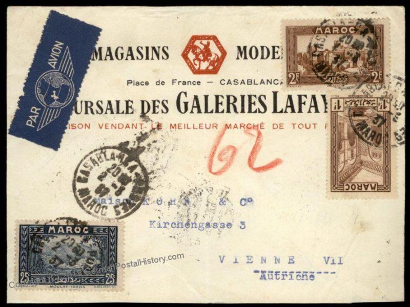 French Morocco 1937 Airmail Incoming Austria Rohrpost Pneumatic Cover 66940