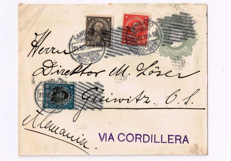 R) 1912 CHILE, SANTIAGO VIA CORDILLERA TO GERMANY, SEALS WITH  MUTE POST MARK CO