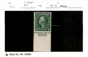 United States Postage Stamp, #405 Mint NH Plate Number, 1912 Washington (AB)