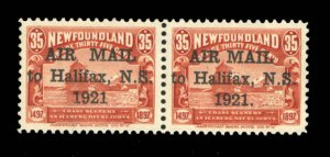 Newfoundland #C3h Cat$440, 1921 35c red, horizontal pair, right stamp with na...