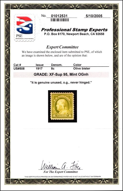 Scott 508 8 Cents Franklin MNH PSE Cert Grade 95 SCV $175.00